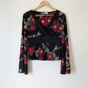 Vintage Y2K Black Floral Bell Sleeves Top Blouse Small S Surplice Cut
